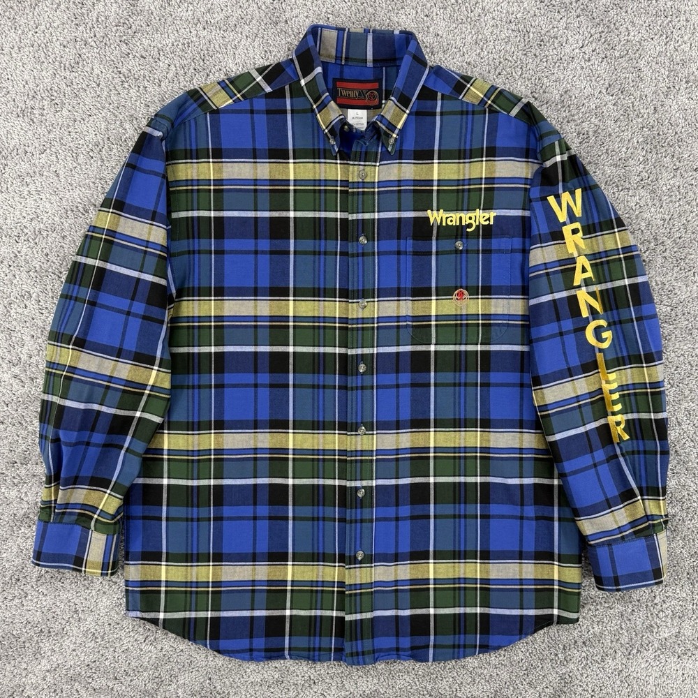 VTG Wrangler Twenty X Shirt Men L Plaid Spellout Long Sleeve Button Down Western